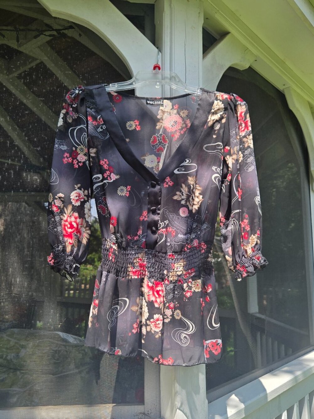 Vintage Y2K Wet Seal Sheer Mesh Floral Peplum Blouse - Smocked Waist